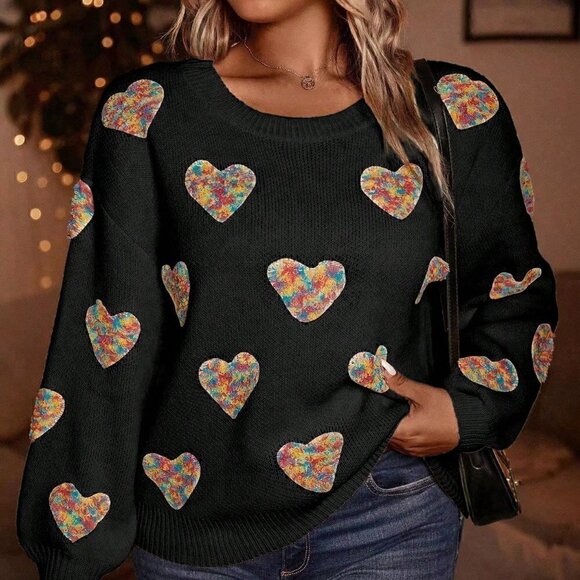 Black Casual Womens Heart Pattern Drop Shoulder Sweater - Picture 3 of 5